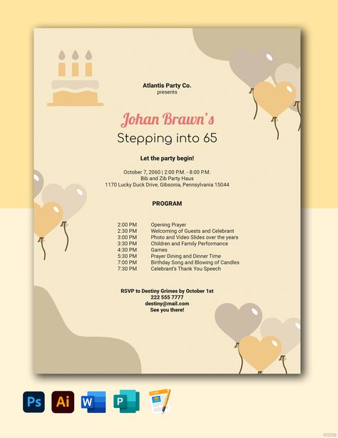 60th Birthday Program Flow, Party Program Template, Birthday Program Template, Birthday For Adults, Birthday Party Program, 65th Birthday Party, Event Programs, 29th Birthday, 70th Birthday Parties