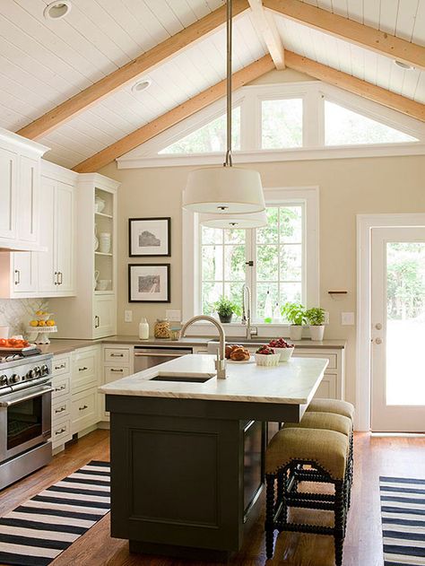 A vaulted ceiling gives this kitchen an open-air vibe: http://www.bhg.com/kitchen/color-schemes/neutrals/white-kitchen-design-ideas/?socsrc=bhgpin032915soaringceiling&page=1 Modern Cottage Kitchen, Vaulted Ceiling Kitchen, Cottage Kitchens, White Kitchen Design, Modern Cottage, Cottage Kitchen, Vaulted Ceiling, White Cabinets, Beautiful Kitchens