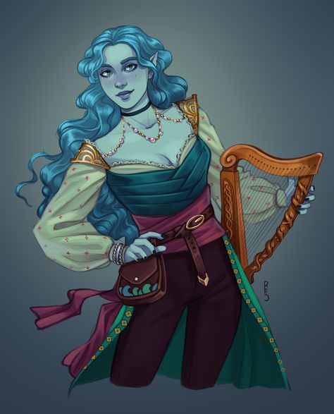 Dnd Water Genasi Female, Triton Bard, Triton Character Design, Water Genasi Female, Sea Elf Female Dnd, Rachel Denton, Sea Elf, Dnd Bard, Fantasy High