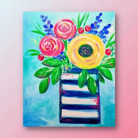 Spring Paintings Colorful Vase, Painting Videos Tutorials, Soft Background, Paint Parties, Vase Of Flowers, Flower Painting Canvas, Artwork Ideas, Painting Party, Summer Painting