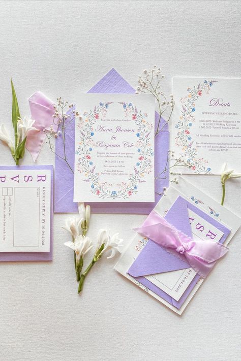 Wedding Invitations Pastel Colours, Watercolour Wreath, Christian Wedding Invitations, Bridgerton Wedding, Lavender Ribbon, Purple And Gold Wedding, Romantic Theme Wedding, Floral Wedding Invitation Suite, Floral Wreath Wedding