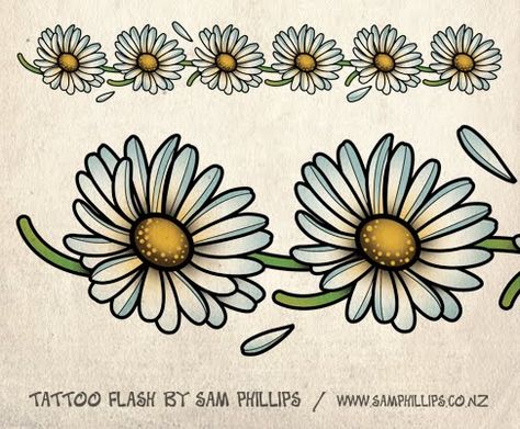 Sams Blog: Daisy Chain Tattoo- Maybe on my chest, two for my siblings Daisy Reference, Foot Tattoos For Women Flowers, Daisy Chain Tattoo, Daisy Tattoo Designs, Daisy Flower Tattoos, Interesting Tattoos, Sam Phillips, Chain Tattoo, Dog Memorial Tattoos