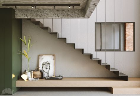 CGI - Green Loft - Home on Behance Japandi Railing, Invisible Staircase, Italian Country House, تحت الدرج, Loft Staircase, Open Stairs, Loft Stairs, Concrete Stairs, Art Interior Design