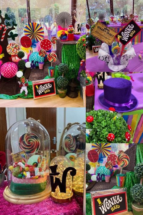 Wonka Recipes, Wonka Themed Food, Willy Wonka Themed Food, Willy Wonka Party Ideas, Willy Wonka Themed Party, Willy Wonka Baby Shower Ideas, Willy Wonka Centerpieces, Charlie And The Chocolate Factory Party Decorations, Candy Land Book Fair Theme