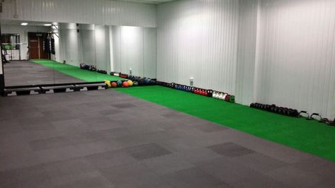 Artificial Grass for gym track prowler / sledge work. Gym Track, Artificial Hedges, Drainage System, Garden Screening, Astro Turf, Low Maintenance Garden, Artificial Turf, Gym Flooring, Wooden Decks