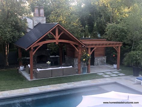 15' x 15' Timber Frame Pavilion with Attached Wood Pergola & Shed Garage With Pavillion, Outdoor Living Pavilion, Pavilion Attached To Garage, Decks With Pavillion, Timber Frame Patio Cover, Pavilion Pergola Combo, Outdoor Kitchen Attached To Garage, Pavillion Ideas Architecture, Pool Pavillion Backyard