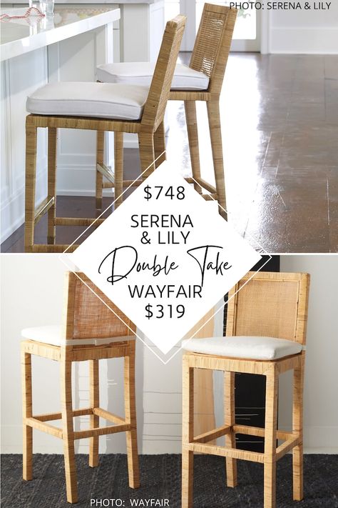 Copycat Home Decor: Restoration Hardware Copycats, Pottery Barn Dupes, + More - Something Turquoise Balboa Counter Stool, Coastal Bar Stools, Rattan Barstools, Pottery Barn Chair, Boho Bar, Rattan Counter Stools, Faux Candles, Rattan Bar Stools, Contemporary Coastal