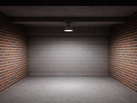 Empty garage. With metal roll up door , #AFFILIATE, #garage, #Empty, #metal, #door, #roll #ad Roll Up Doors Garages, Door Illustration, Roll Up Door, College Flyer, Roll Up Doors, Kitchen Interior Design Modern, Background Ideas, Street Graffiti, Wall Background