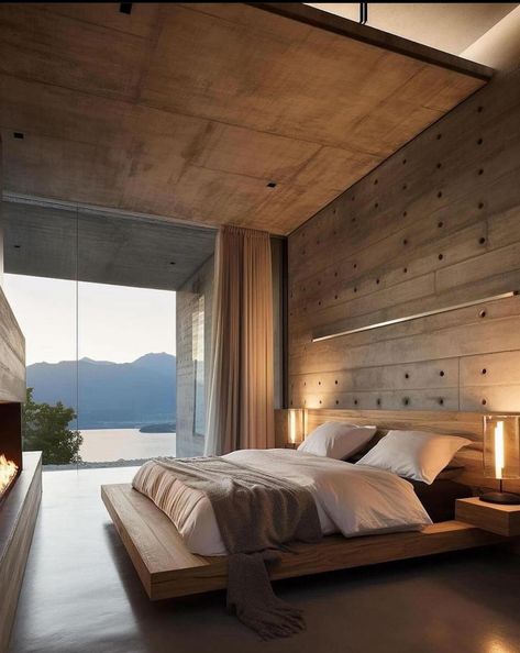 Modernism Bedroom, Concrete Home Design, Architecture Bedroom, Modern Concrete Home, Concrete Walls, Natural Wood Flooring, Building House Plans Designs, Concrete Home, Bedroom Closet Design