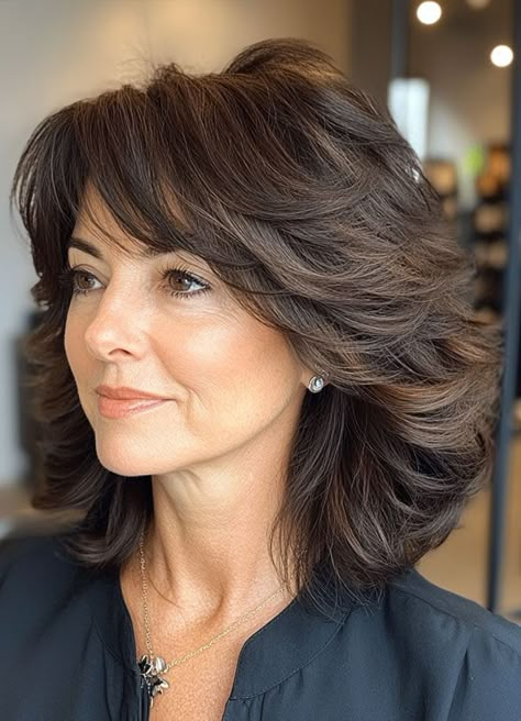 Short Layers Hairstyle Women, Womens Hair Styles Medium Length, Voluminous Short Haircut, Short Medium Length Hair With Layers, Long Layer Bob Hairstyles, Ingenue Hairstyle, Layered Bob Hairstyles With Bangs, Hairstyles For Over 50 Women, Hairstyles For Double Chin