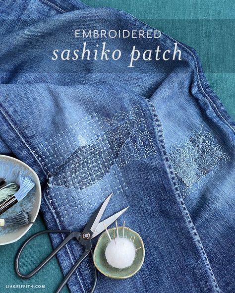 DIY Sashiko Patch Video Tutorial - Lia Griffith Diy Embroidered Jean Jacket, Visible Mending Jeans, Embroidered Jeans Diy, Visible Mending Stitches, Sashiko Jacket, How To Patch Jeans, Sashiko Tutorial, Clothes Upcycle, Boro Stitching