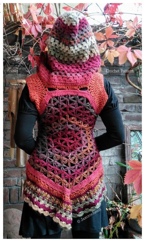 Flower of Life Oversized Hooded Vest and Jacket Crochet Patterns Hippie Crochet Cardigan, Crocheted Vest Patterns Free, Crochet Flower Of Life, Crochet Hooded Cardigan, Crochet Cloak Pattern Free, Crochet Hooded Vest Pattern Free, Flower Of Life Crochet, Flower Of Life Crochet Pattern Free, Hooded Vest Crochet Pattern Free