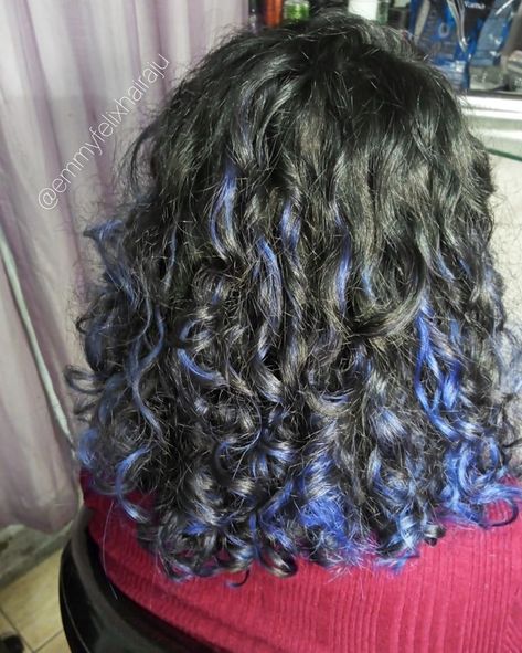 Black Hair Purple Highlights, Purple Highlights Hair, Blue Hair Streaks, Hair Dye Shades, Blue Hair Highlights, Dyed Curly Hair, Blue Ombre Hair, Highlights Curly, Highlights Curly Hair