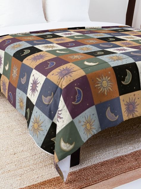 "Celestial patchwork sun and moon 90's" Comforter for Sale by bronte2004 Celestial Bedding Set, 90s Celestial Bedroom, Whimsigoth Bedspread, Whimsigoth Bedding, Room Customization, Silk Bedding, College Dorm Bedding, Patchwork Rugs, Make Your Bed