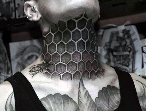 Mens Full Neck Bee And Honeycomb Tattoo Honeycomb Neck Tattoo, Tattoo Honeycomb, Front Neck Tattoo, Full Neck Tattoos, Honeycomb Tattoo, Vegas Tattoo, Throat Tattoo, Worlds Best Tattoos, Neck Tattoo For Guys