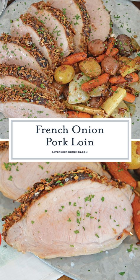 #ad This French Onion Pork Loin with potatoes, carrots, parsnip and onion is the perfect one-dish weeknight meal! #porkloinrecipe #easyweeknightmeal www.savoryexperiments.com French Onion Pork Loin, Pork Loin With Potatoes, Pork Dinners, Pork Loin Roast Recipes, French Soup, Dinner Favorites, Fancy Dinner Recipes, Pork Loin Recipes, Steak And Mushrooms