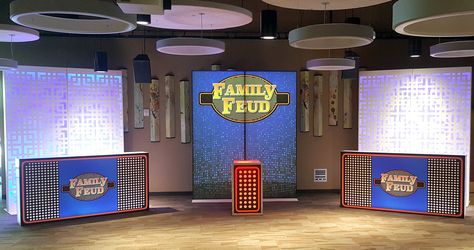 Game Night Event | Shag Carpet Prop Rentals | Cut Out Walls | Family Feud Decor | Dallas, TX Family Feud Party Decorations, Diy Family Feud, Game Night Decorations, Life Size Games, Family Feud Game, Game Night Parties, Diy Bird Bath, Shag Carpet, Church Events