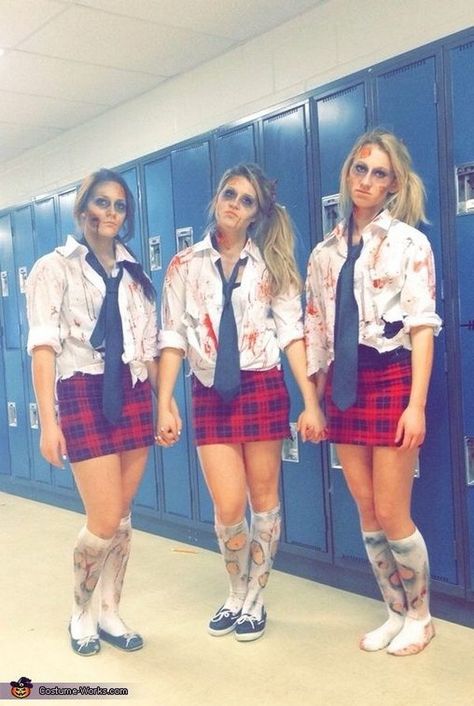 Girlfriend Group, Zombie School, Diy Girls Costumes, Diy Group Halloween Costumes, Zombie Halloween Costumes, Cute Group Halloween Costumes, Bff Halloween Costumes, Zombie Costume, Homemade Costumes