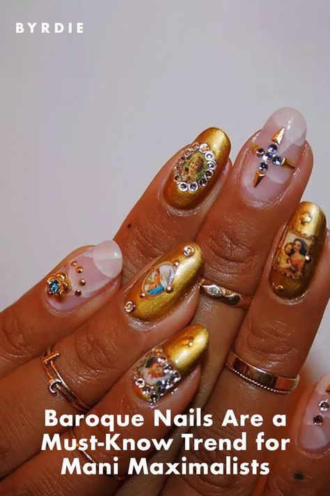 Gilded, bejeweled, and full of gems, the Baroque manicure trend is a must-try for any maximalist. Here's what you need to know. Baroque Nails, Nail Art Gems, Celebrity Nails, Nail Jewels, Instagram Nails, Nail Inspiration, Nails Short, Nail Designs Summer, Red Accents