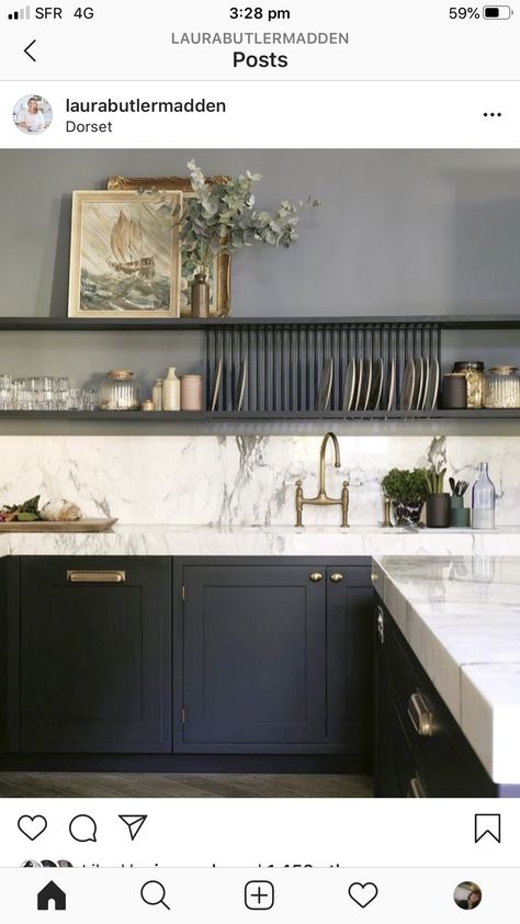 long shelf over the kitchen here - maybe not two though. Like the utility function of the dishwashing dryer over the sink but it may be a touch too country kitchen. like the combo of dark blue, grey and marble. right sort of vibe/colour scheme Dark Kitchen Ideas, Dark Kitchen, Blue Cabinets, Marble Counter, Dark Kitchen Cabinets, Dark Cabinets, Kitchen Marble, Blue Kitchens, Kitchen Paint