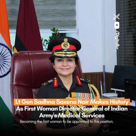 Lieutenant General Sadhna Saxena Nair just made history as the first woman to lead the Indian Army's medical services as the Director General of Medical Services (Army). A distinguished graduate of the Armed Forces Medical College, Pune, she was commissioned into the Army Medical Corps in 1985. With postgraduate qualifications in family medicine and diplomas in maternal and child health and healthcare management, Nair is a seasoned medical professional. She also underwent two years of medi... Armed Forces Medical College, Army Medical Corps, Child Health, Lieutenant General, Healthcare Management, Education Policy, Women In Leadership, Family Medicine, Community Business