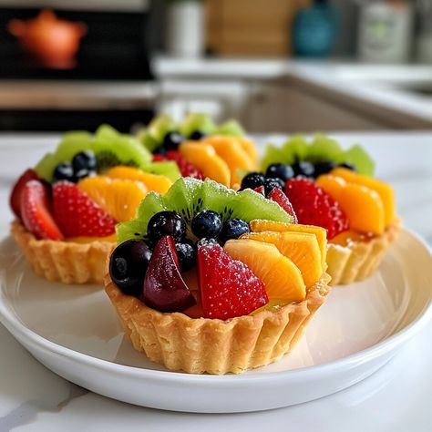 Fresh Fruit Tart Design, Fruit Tart Decoration Ideas, Fruit Tart Decoration, Fruit Tarts Mini, Fruit Tarts Recipe, Mini Fruit Tart, Fruit Custard Tart, Fruit Tart Recipe Mini, Mini Fruit Pies