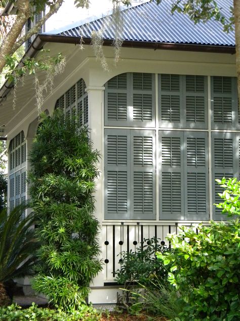 Screened In Porch With Shutters, Southern Covered Porch, Porch Shutters For Privacy, Houses With Shutters Exterior, Deck Shutters, Porch Privacy Ideas, Porch Shutters, Privacy From Neighbors, Porch Privacy