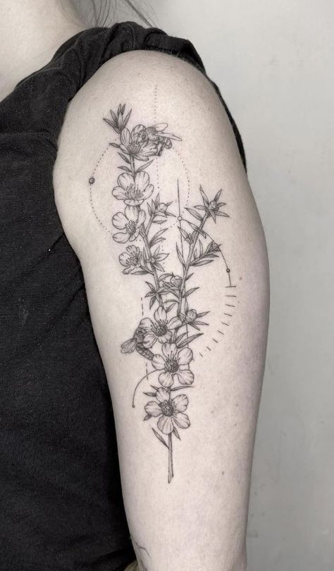 Manuka Flower Tattoo Canola Flower Tattoo, Manuka Flower Tattoo, Manuka Tattoo, Piwakawaka Tattoo, Angus Tattoo, New Zealand Tattoo Ideas, Manuka Plant, Manuka Flower, Justin Tattoo