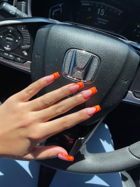 orange french tip acrylic nails Orange French Tip Pedicure, Orange French Tip Acrylic Nails, Orange Chrome French Tip Nails, Orange Tip Nails, Orange French Nails, Orange French Tips, Orange French Tip Nails, Orange French Tip, French Tip Pedicure