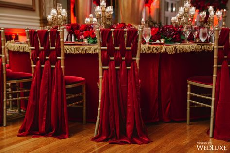 WedLuxe – Be My Valentine | Photography by: Life Studios Inc. Follow @WedLuxe for more wedding inspiration! Wedding Decorations Red And Gold, Red Chair Decor, Gold Wedding Table Decor, Burgundy Balloons, Red Wedding Decor, Red Indian Wedding, Red Roses Centerpieces, Marriage Hall, Hot Air Balloon Wedding