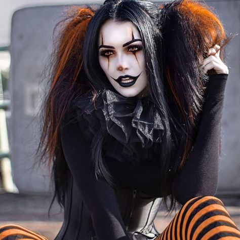 Angelica Rose (@draculangelica) • Instagram photos and videos Zombie Make Up, Goth Halloween Costume, Angelica Rose, Female Clown, Striped Tights, Goth Women, Harley Quinn Cosplay, Goth Beauty, Gothic Makeup