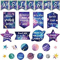 Galaxy Classroom Decor, Galaxy Bulletin Board, Classroom Decor Space, Star Themed Classroom, Welcome Bulletin Board, Home School Supplies, Classroom Bulletin Boards Elementary, Inspirational Bulletin Boards, Space Theme Classroom