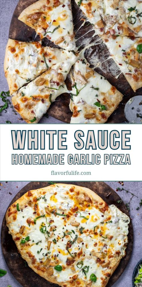 This white pizza recipe is an easy way to enjoy a delicious homemade pizza. It features a creamy garlic pizza sauce that's rich in garlic flavor. The simple yet flavorful sauce makes this pizza a perfect choice for a quick dinner or a cozy night in! Garlic Ranch Pizza Sauce, Chicken Garlic Pizza White Sauce, Healthy White Sauce Pizza, Best White Pizza Recipe, Homemade White Garlic Pizza Sauce, White Chicken Pizza Recipe, Roasted Garlic Chicken Pizza, White Sauce For Pizza Easy, Easy White Pizza Sauce