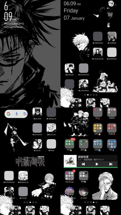 Gojo Phone Theme, Jjk Ios Layout, Jjk Themed Phone, Jjk Homescreen Layout, Jjk Phone Theme, Jujutsu Kaisen Homescreen, Anime Phone Layout, Jjk Homescreen, Homescreen Theme