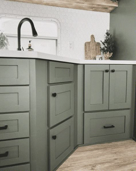 40+ Sage Green Kitchen Cabinets (with Paint Colors!) - Jenna Sue Design Sage Green Paint Color, Rv Decorating, Sage Kitchen, Kitchen Cabinet Color Ideas, Sage Green Paint, Sage Green Kitchen, Painted Cabinets, Green Kitchen Cabinets, Rv Renovations