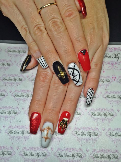 Gasparilla nails! #gasparilla #piratenails #kimdoesmynails #mobilenailtech Pirates Nail Art, Pirate Nails Acrylic, Halloween Pirate Nails Design, Halloween Pirate Nails, Pirate Inspired Nails, Gasparilla Nails, Pirate Nails Ideas, Ateez Nails Designs, Pirate Nails Design