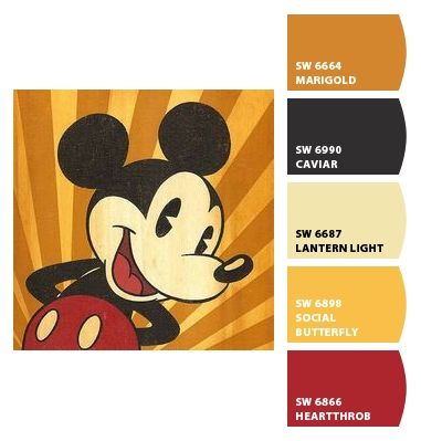 Paint colors from Chip It! by Sherwin-Williams Vintage Disney Color Palette, Mickey Mouse Color Palette, Disney Color Palette, Vintage Paint Colors, Disney Princess Colors, Disney Fun Facts, Disney Colors, Mickey Y Minnie, Brand Color Palette