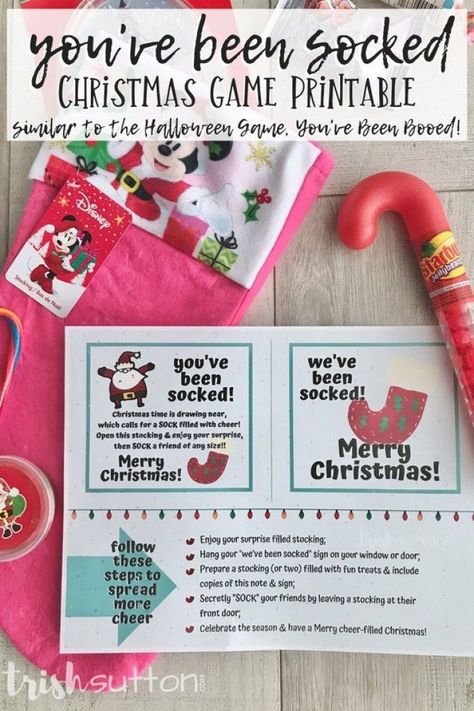 You've Been Socked is the Christmas version of the Halloween game, You've Been BOOed. Sometimes called You've Been Elf'd or You've Been Jingled. #Christmas #Christmasgame #bytrishsutton #freeprintable #youvebeensocked Christmas Version Of Being Booed, You’ve Been Booed Christmas Version, You’ve Been Tinseled, Jingled Ideas You've Been, Youve Been Jingled Ideas, You’ve Been Jingled Ideas, You’ve Been Socked Ideas, You’ve Been Jingled, You’ve Been Elfed Ideas