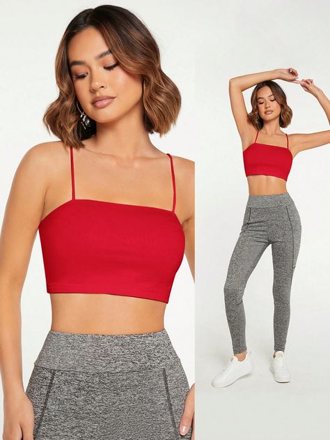 Top de tanque corto casual de unicolor para verano Rojo Casual   Tela Liso Tirantes Estiramiento medio Primavera/Verano/Otoño Women Clothing, size features are:Bust: ,Length: ,Sleeve Length: Top Rojo, Shein Basics, Breast Tape Lift, Tank Top Cami, Bra Women, Cropped Tank Top, Summer Fall, Crop Tank, Autumn Summer