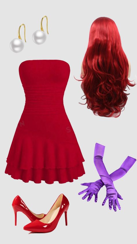 Jessica rabbit Halloween costume inspo #halloweencostume #halloween #jessicarabbit Diy Jessica Rabbit Costume, Halloween Costumes Red Dress, Jessica Rabbit Halloween, Rabbit Halloween Costume, Corset Halloween Costumes, Jessica Rabbit Costume, Rabbit Halloween, Rabbit Costume, Costume Inspo