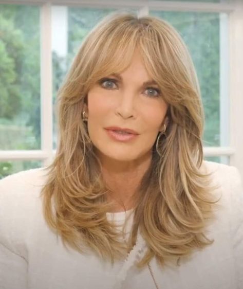 Farrah Fawcett Medium Length Hair, Farah Fawcett Hairstyle Long, Modern Farrah Fawcett Hair Long Layered, Jaclyn Smith Hairstyles, Farrah Fawcett Wig, Bangs For Women Over 50, Jaclyn Smith Wigs, Layered Haircuts With Bangs, Bangs For Women