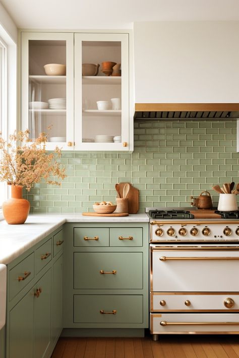 White Cabinets And Backsplash, Kitchens With White Cabinets, Colorful Kitchen Backsplash, Green Kitchen Backsplash, Mint Green Kitchen, Backsplash For White Cabinets, Tile Countertops Kitchen, White Kitchen Countertops, Colorful Backsplash