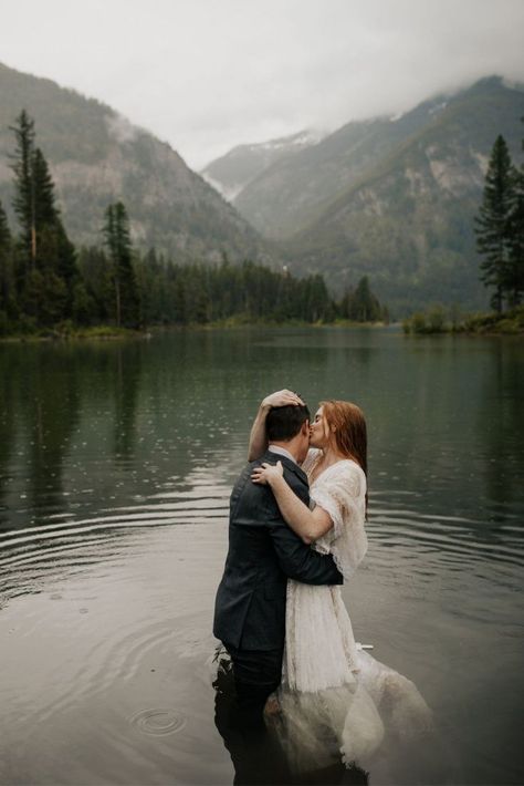 This couple had a change of wedding plans due to the pandemic. Instead they hiked in the rain where they got engaged and exchanged vows at a waterfall. Photo by Jaci Vigil Photography Wallowa Lake Wedding, Wedding By The River, Waterfall Wedding Photos, Unique Wedding Venue Ideas, Affordable Destination Wedding Locations, Water Wedding Photos, Bali Photoshoot, Affordable Destination Wedding, Best Destination Wedding Locations