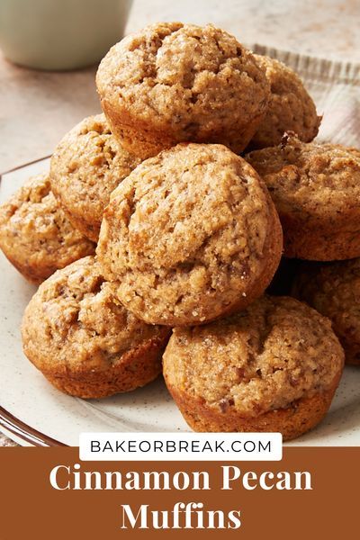 Cinnamon Pecan Muffins are soft, sweet muffins made with favorite flavors and basic baking ingredients. You may just find yourself craving these simple muffins again and again! - Bake or Break #muffins #cinnamon #pecans Cinnamon Walnut Muffins, Pistachio Walnut Muffins, Simple Muffins, Muffins Cinnamon, Bread Cones, Basic Baking, Sweet Muffins, Pecan Muffins, Fluffy Cinnamon Rolls