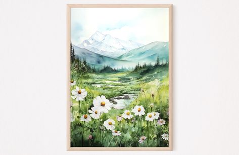 Denali National Park, Denali Travel Painting Art Print, Alaska Watercolor, Travel Poster, Denali Mountain Flowers Print, USA National Park Alaska Watercolor, Denali Mountain, Mountain Flowers, Watercolor Travel, Travel Painting, Grand Art Mural, Denali National Park, National Parks Usa, Watercolor Landscape Paintings