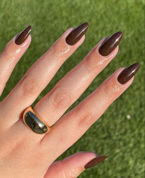 Dark Brown Acrylic Nails Almond, Dark Brown Oval Nails, Dark Brown Nails Almond, Fair Skin Nails, Dark Brown Almond Nails, Brown Oval Nails, Dark Brown Nails, Beautiful Fall Nails, Fall Toe Nails