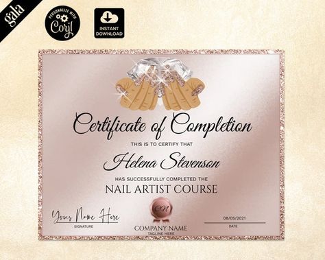 Nail Technician Certificate Template Nail Artist Certificate - Etsy India Nail Certificate Design, Nail Tech Certificate, Nail Certificate, Nails Technician, Salon Nails, Nails Salon, Diy Templates, Certificate Of Completion, Certificate Design