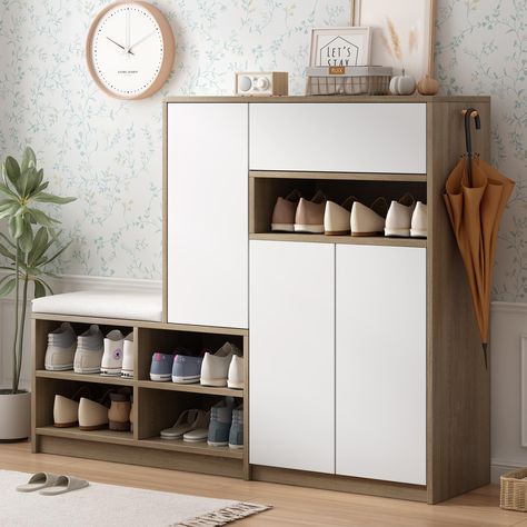 PRICES MAY VARY. This shoe cabinet is designed with a door rebound device without handles, adding a modern look to your room while meeting the convenience of opening and closing doors. With multiple adjustable shelves, this shoe cabinet has flexible storage space and can hold up to 15-20 pairs of shoes, suitable for most flat shoes. The cushion can increase the comfort of the shoe rack bench, you can comfortably sit and change shoes. This shoe storage cabinet is made of Particle Board, which is Wood Shoe Storage, Padded Bench, Shoe Cabinets, Shoe Rack Bench, Shelves Design, Shoes Rack, Shoe Storage Bench, Rustic Entryway, Shoe Storage Solutions