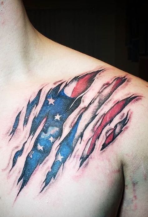 USA Flag Tattoo #tattoo #ink #art #best #design #idea #tattooforyou #inkedgirl #tattooforman Small American Flag Tattoos For Guys, Eagle And Flag Tattoo Design, Ripped American Flag Tattoo, America Tattoo For Women, Cosmere Tattoo, America Tattoos For Men, Flag Tattoos For Men, Usa Flag Tattoo, Military Sleeve Tattoo