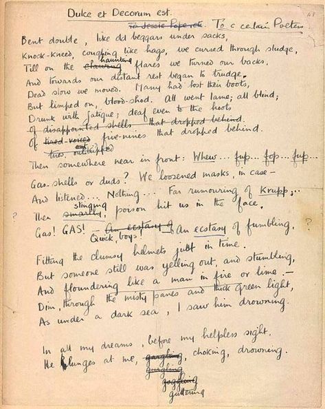 The First World War poet, Wilfred Owen, wrote "Dulce et decorum est pro patria mori", or "How sweet and fitting it is to die for one's country", while he was recovering from shell-shock at Craiglockhart Hospital in Edinburgh. The poem's vivid imagery evokes the brutal realities of conflict and its impact on ordinary soldiers. Dulce Et Decorum Est, Wilfred Owen, Poem Analysis, English Literature, Deathly Hallows, Teaching English, Poets, First World, Favorite Books